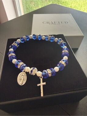 Women’s Blue Crystal Rosary Charm Bracelet Stretch One Size Virgin Mary Cross OS